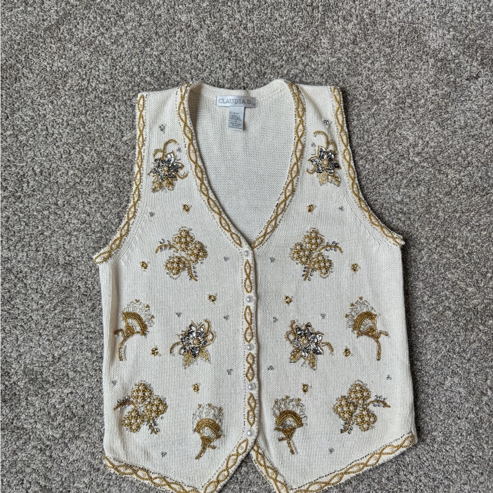 Claudia D. Cream Embellished Beaded Knit Tank Vest